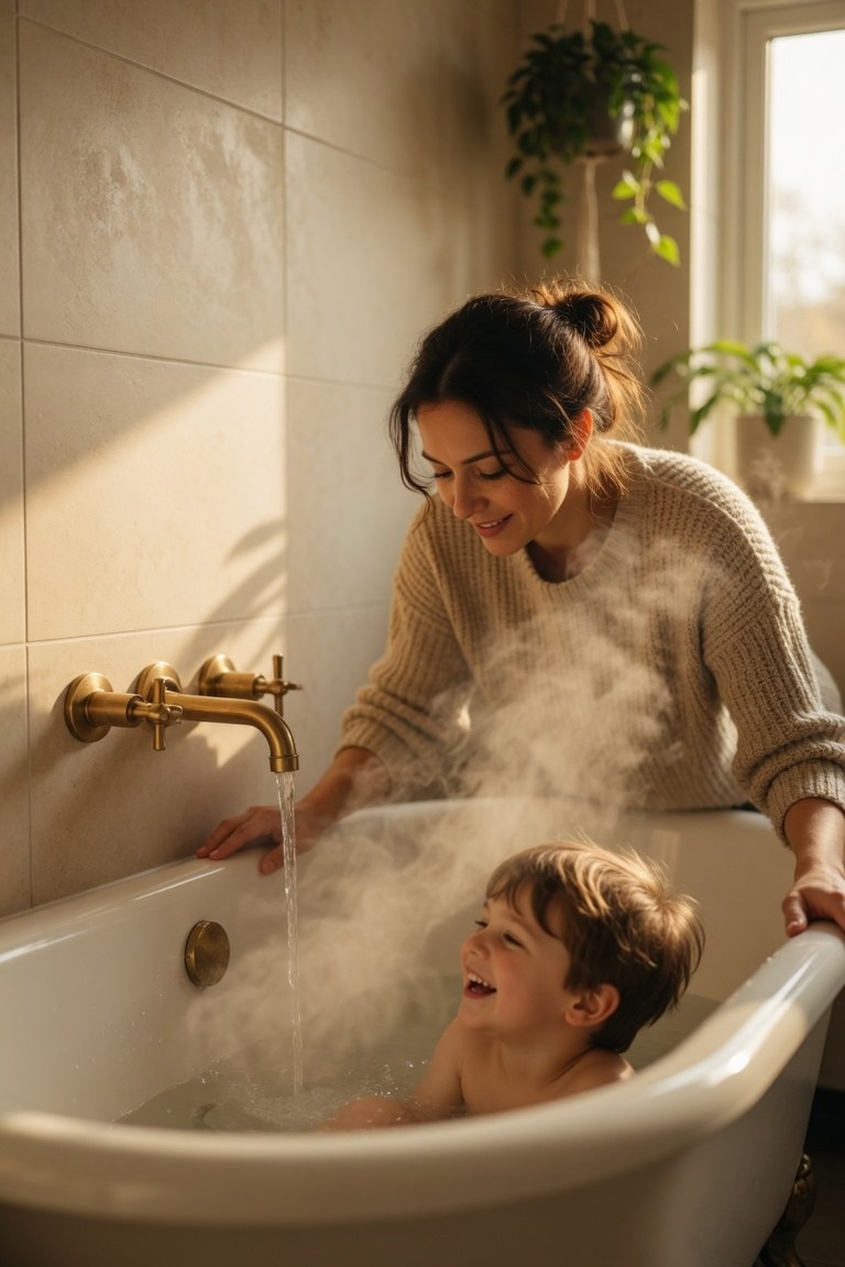 Parent running a warm bath for a child