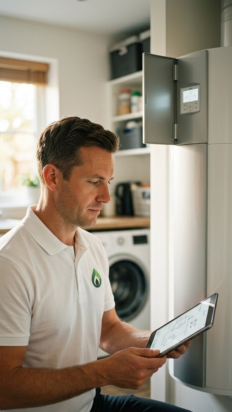 Installer commissioning a heat pump cylinder