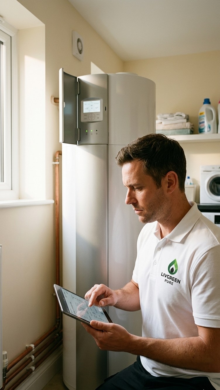 LivGreen Pure installer commissioning a heat pump cylinder